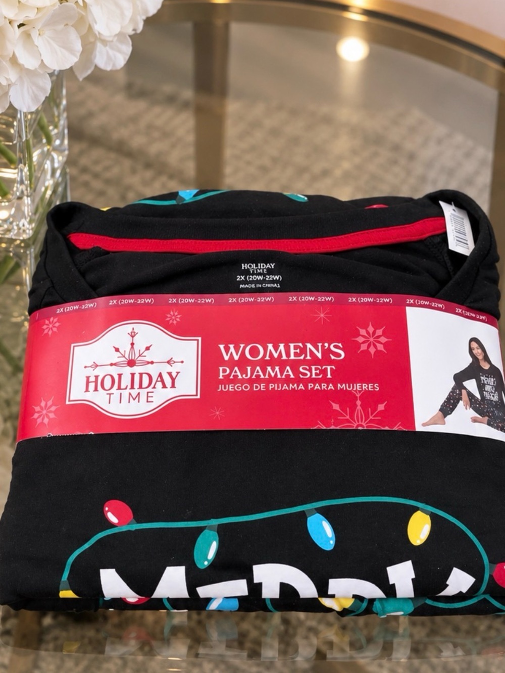 Holiday Time Women's Black Pajama Set with Multicolor Holiday Lights